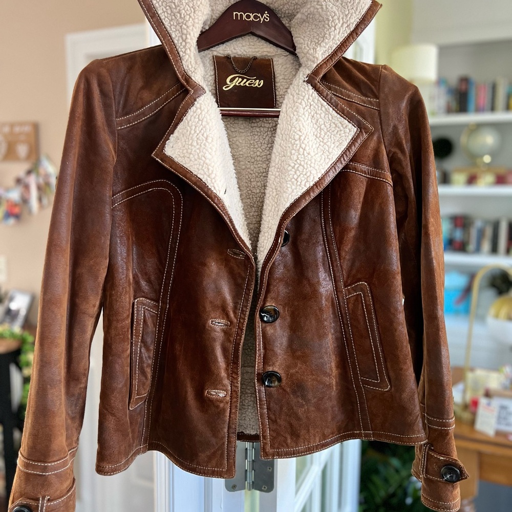 Guess Women's Shearling lined Brown Leather Jacket